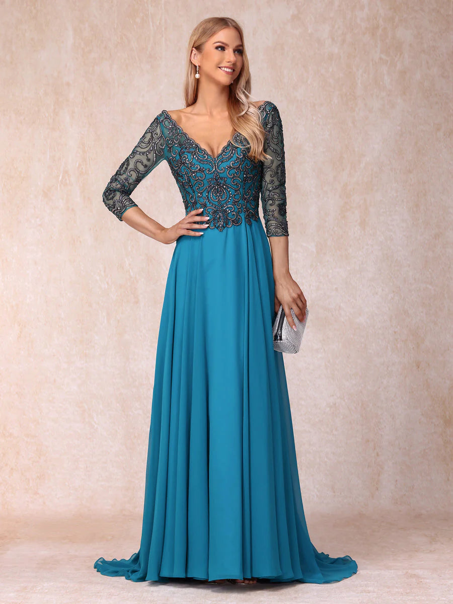A-Line/Princess V-Neck 3/4 Sleeves Long Formal Evening Dresses With Sequins