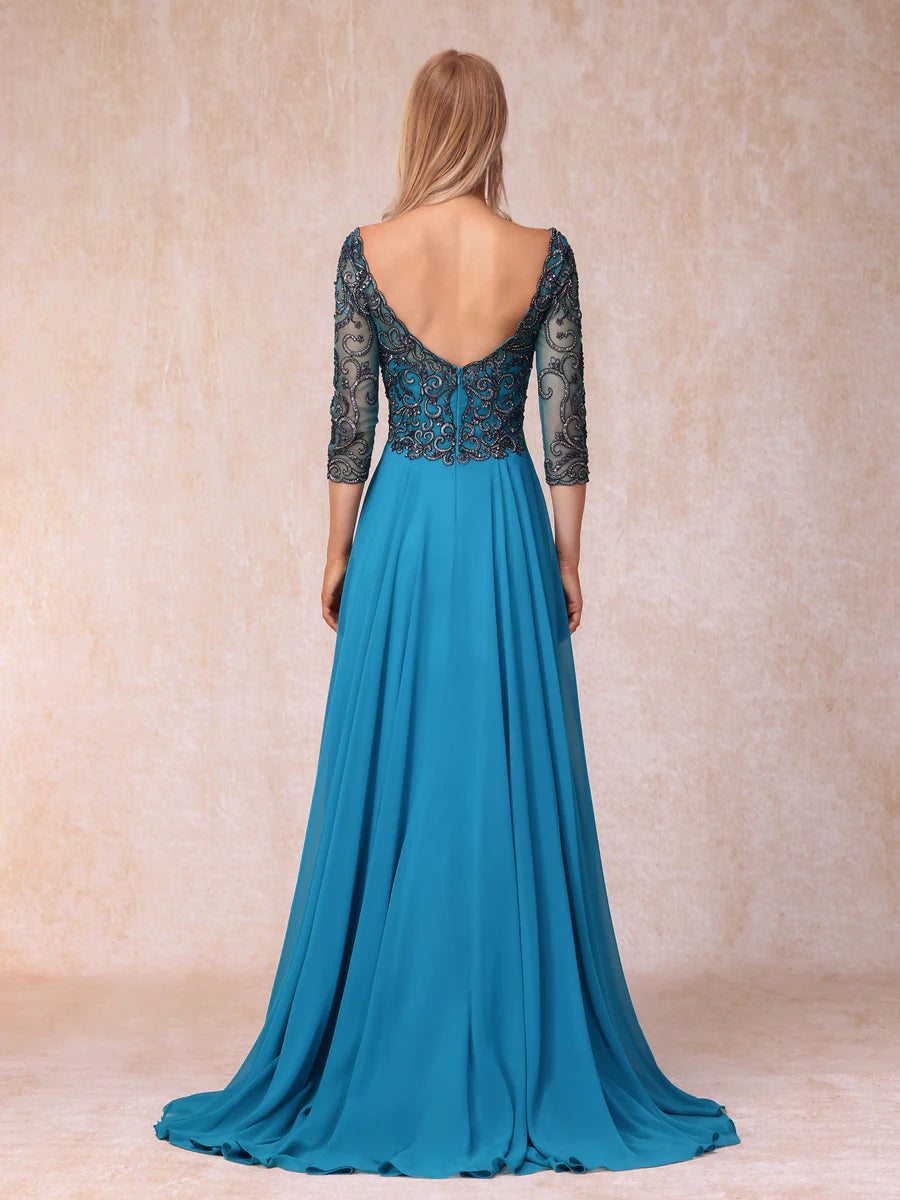 A-Line/Princess V-Neck 3/4 Sleeves Long Formal Evening Dresses With Sequins
