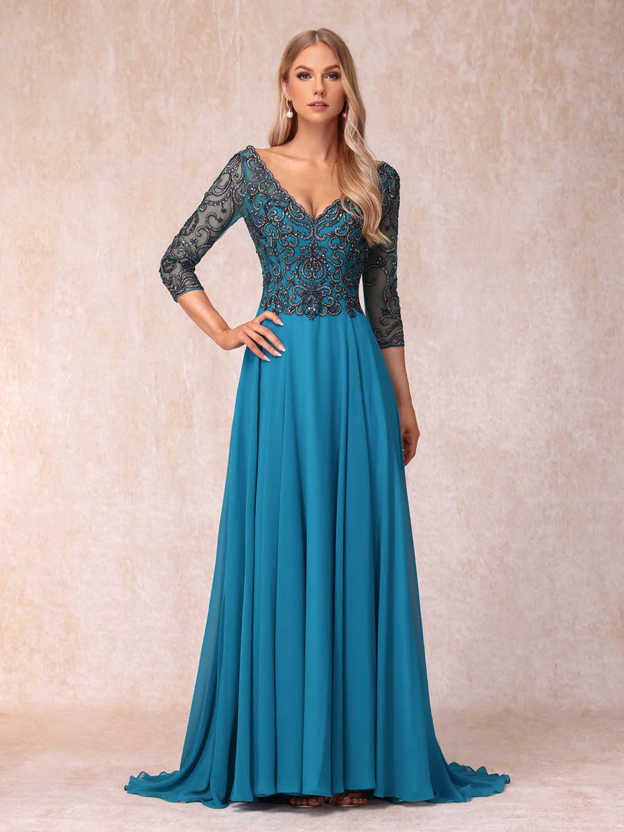 A-Line/Princess V-Neck 3/4 Sleeves Long Formal Evening Dresses With Sequins