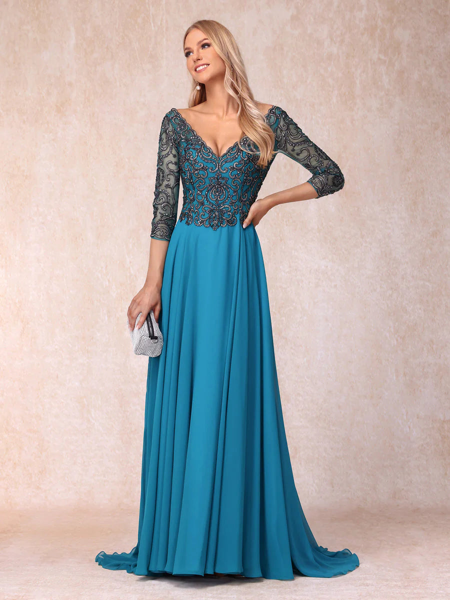 A-Line/Princess V-Neck 3/4 Sleeves Long Formal Evening Dresses With Sequins