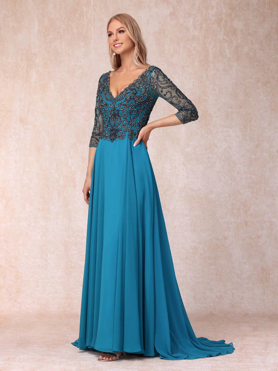 A-Line/Princess V-Neck 3/4 Sleeves Long Formal Evening Dresses With Sequins