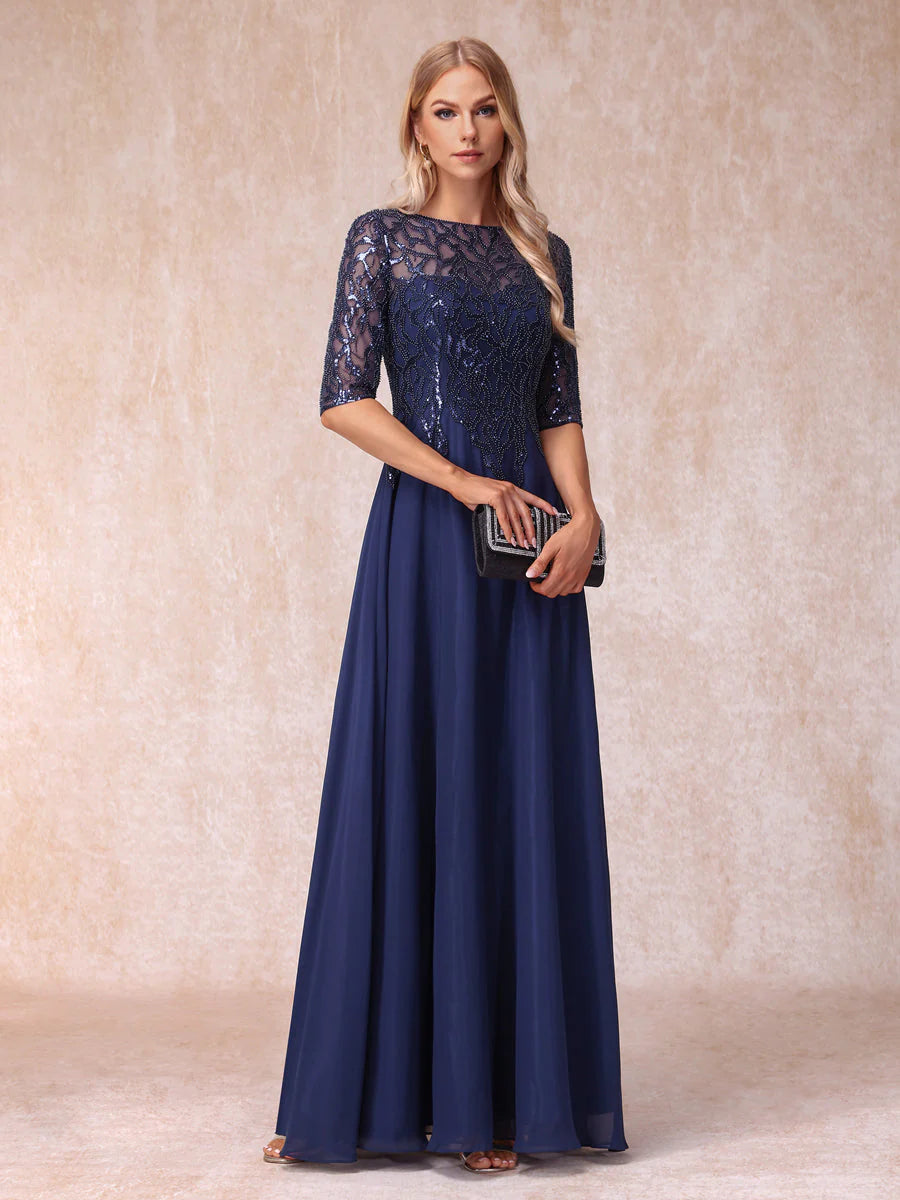 A-Line/Princess Sheer Neck Half Sleeves Long Formal Evening Dresses With Beading