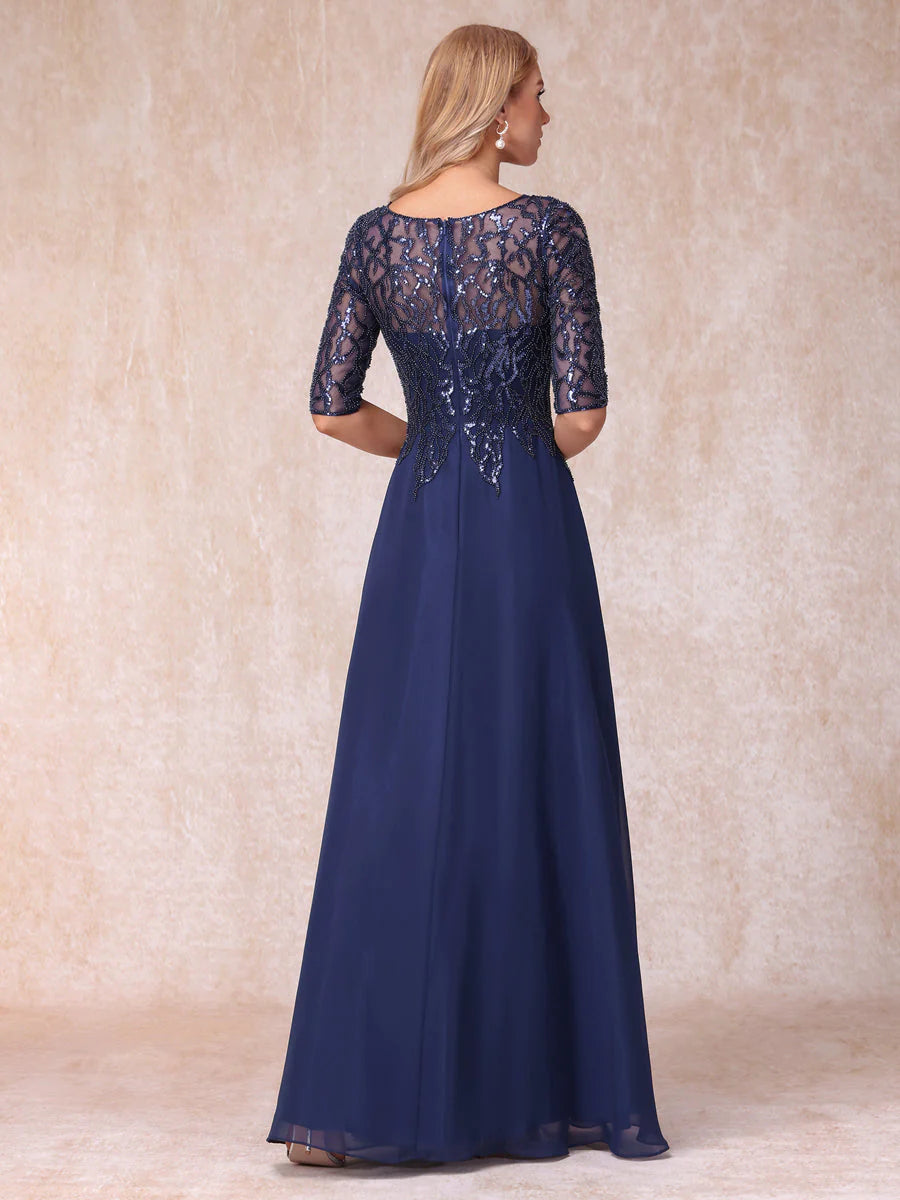 A-Line/Princess Sheer Neck Half Sleeves Long Formal Evening Dresses With Beading
