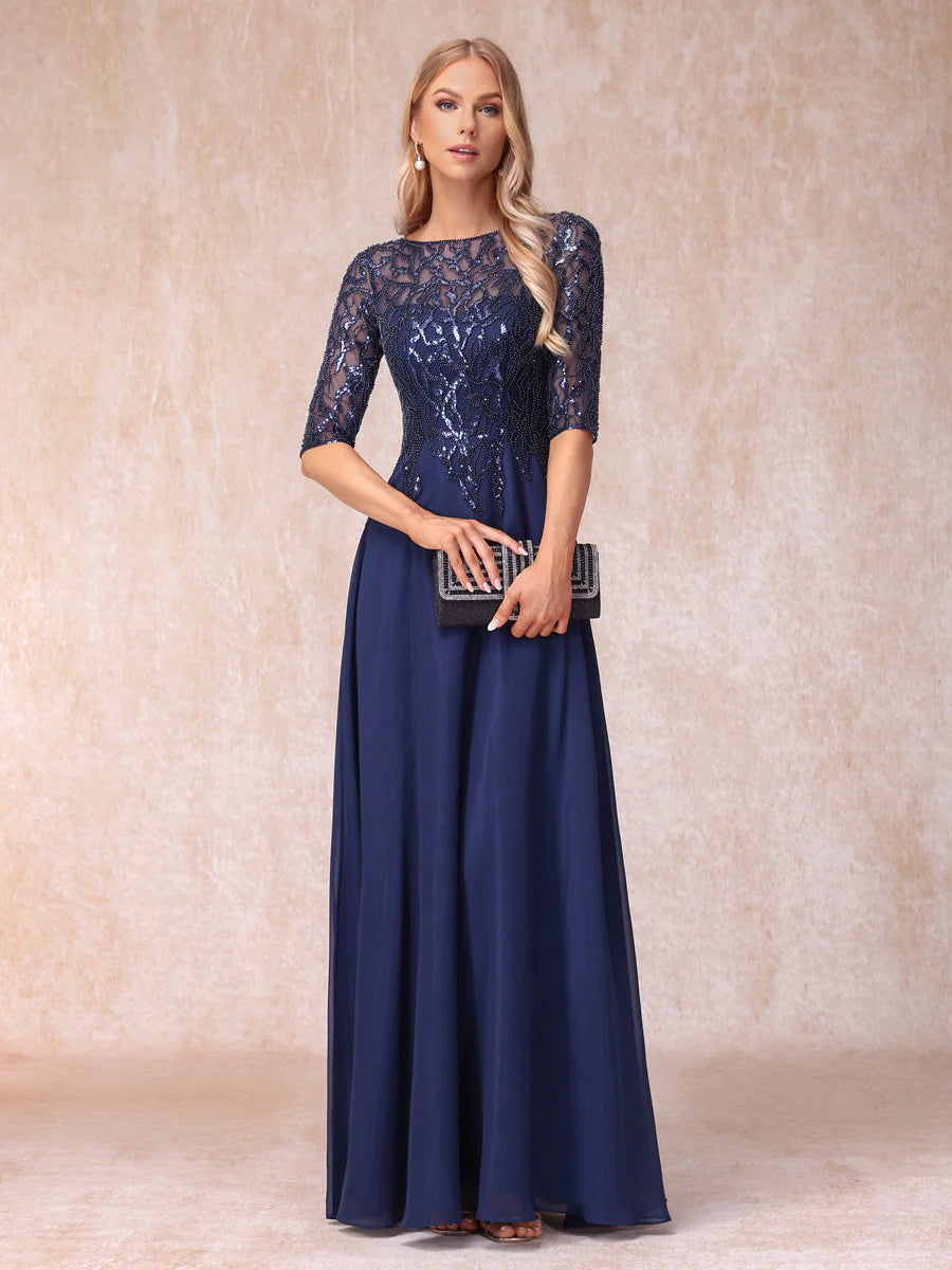 A-Line/Princess Sheer Neck Half Sleeves Long Formal Evening Dresses With Beading
