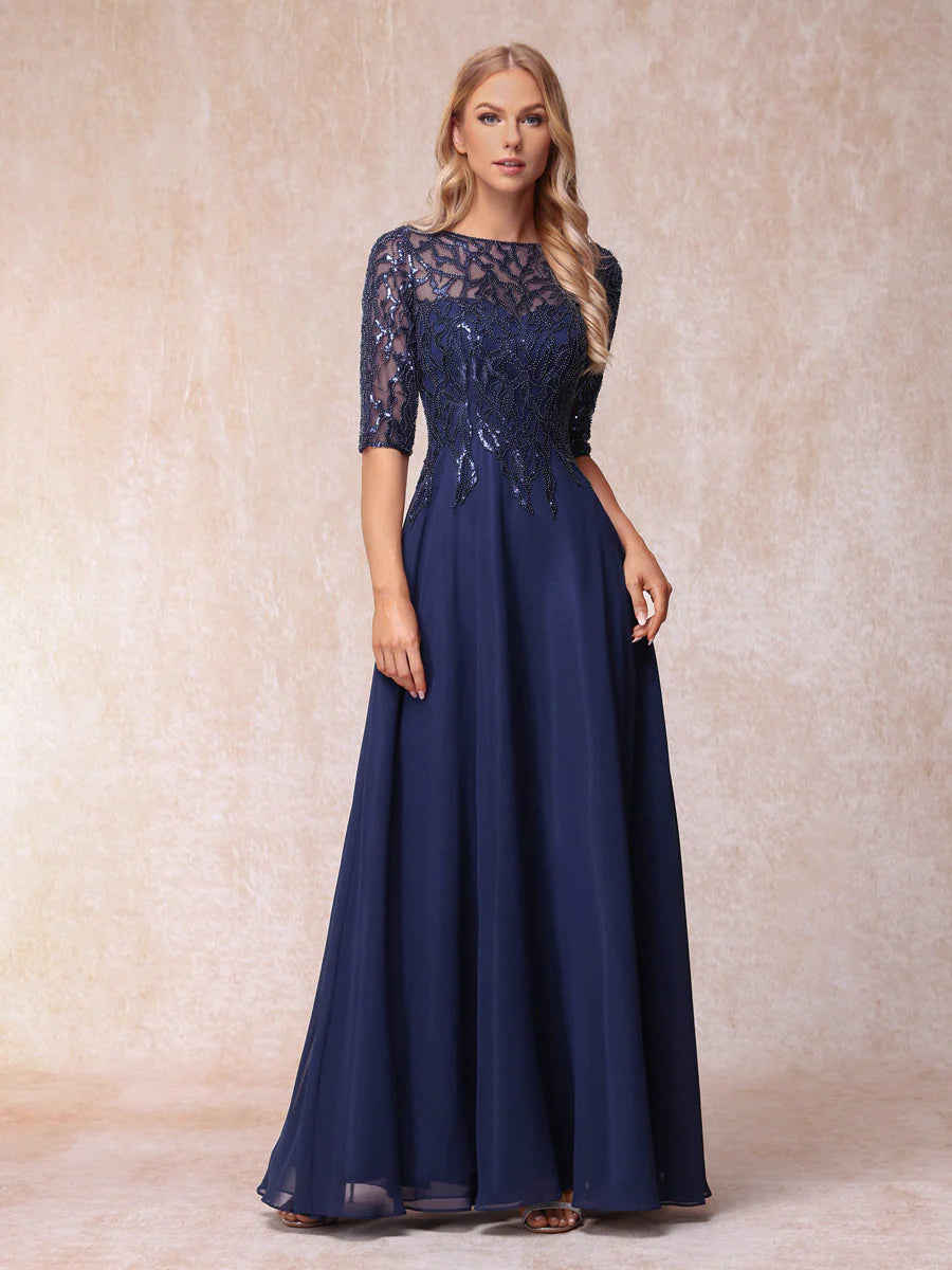 A-Line/Princess Sheer Neck Half Sleeves Long Formal Evening Dresses With Beading
