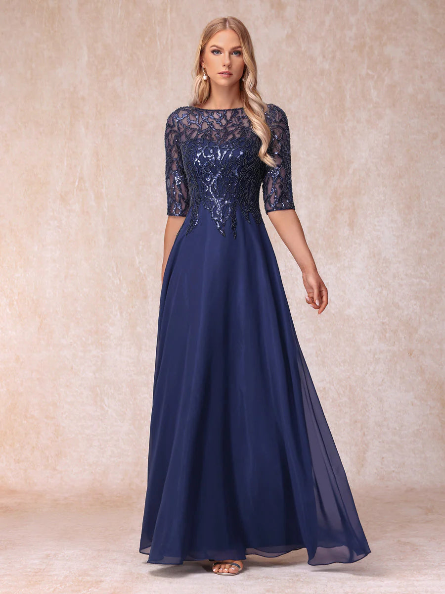 A-Line/Princess Sheer Neck Half Sleeves Long Formal Evening Dresses With Beading