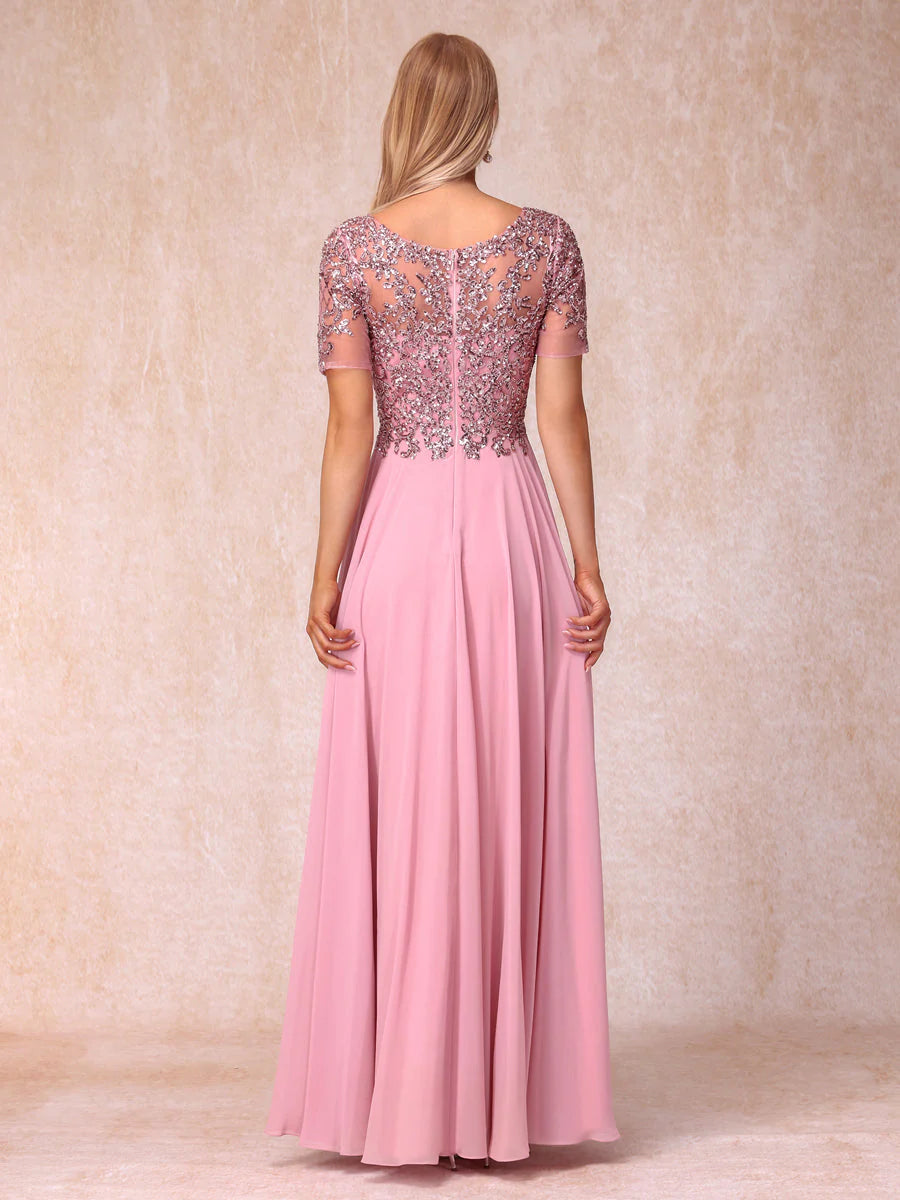 A-Line/Princess Sheer Neck Short Sleeves Long Formal Evening Dresses With Sequins