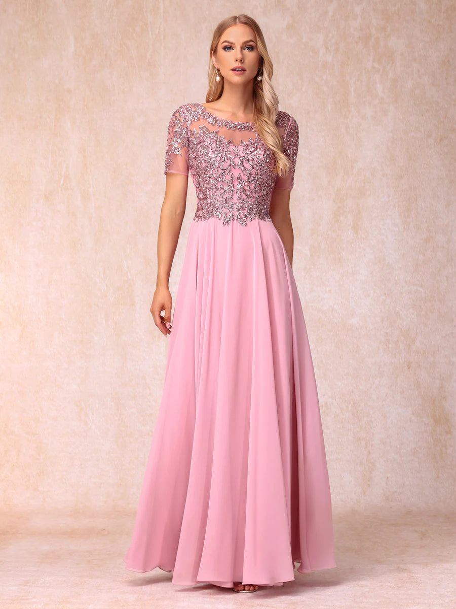 A-Line/Princess Sheer Neck Short Sleeves Long Formal Evening Dresses With Sequins
