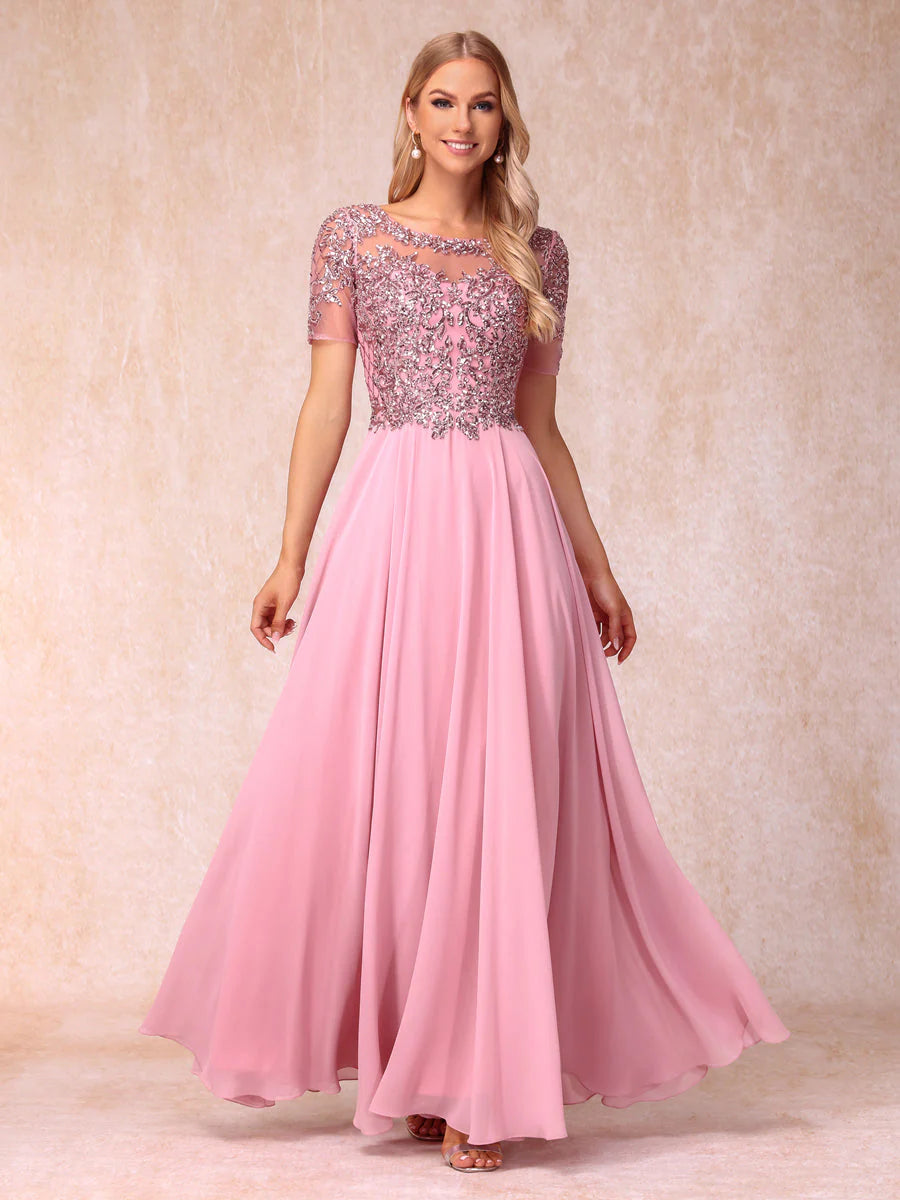 A-Line/Princess Sheer Neck Short Sleeves Long Formal Evening Dresses With Sequins