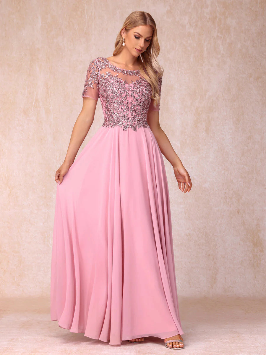 A-Line/Princess Sheer Neck Short Sleeves Long Formal Evening Dresses With Sequins