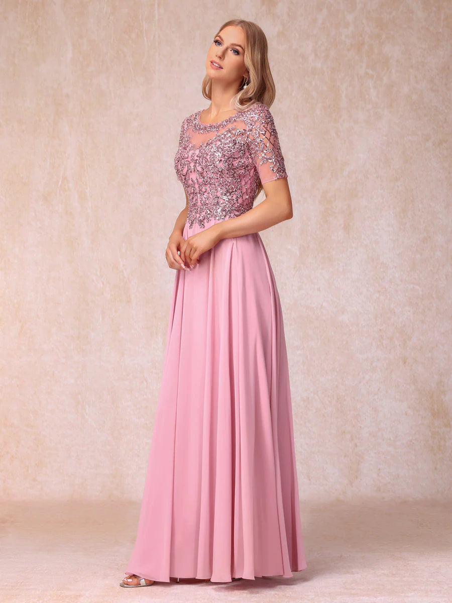 A-Line/Princess Sheer Neck Short Sleeves Long Formal Evening Dresses With Sequins
