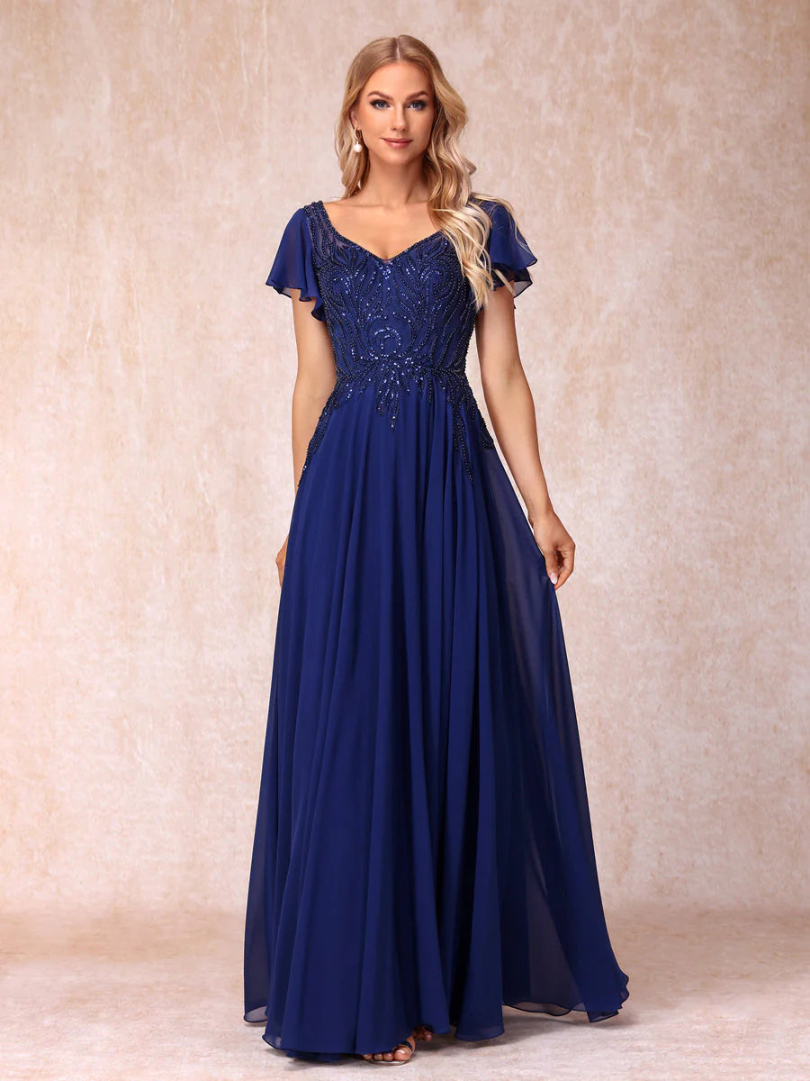 A-Line/Princess V-Neck Short Sleeves Long Formal Evening Dresses With Beading