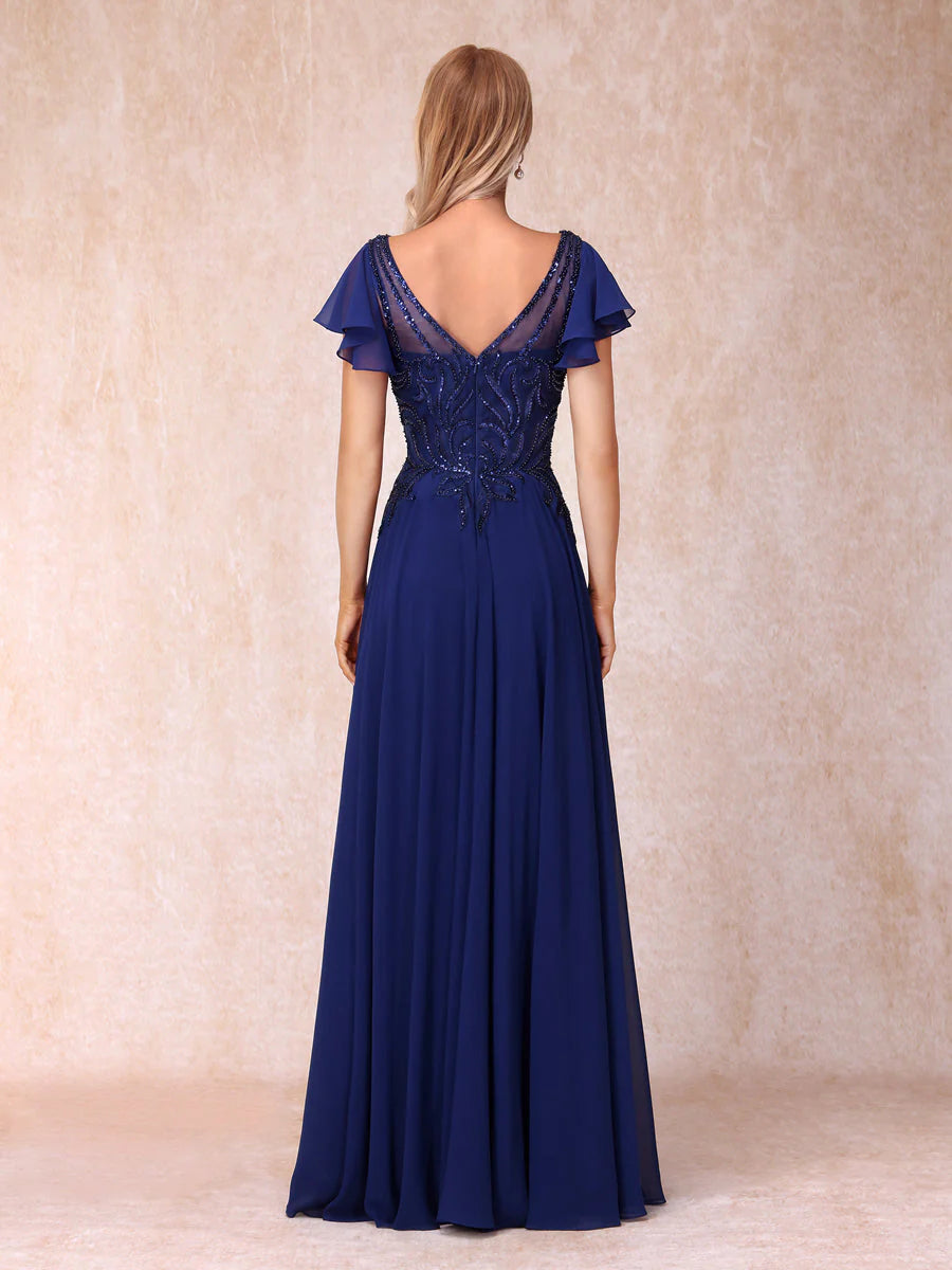 A-Line/Princess V-Neck Short Sleeves Long Formal Evening Dresses With Beading