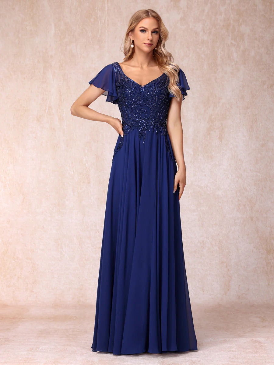 A-Line/Princess V-Neck Short Sleeves Long Formal Evening Dresses With Beading