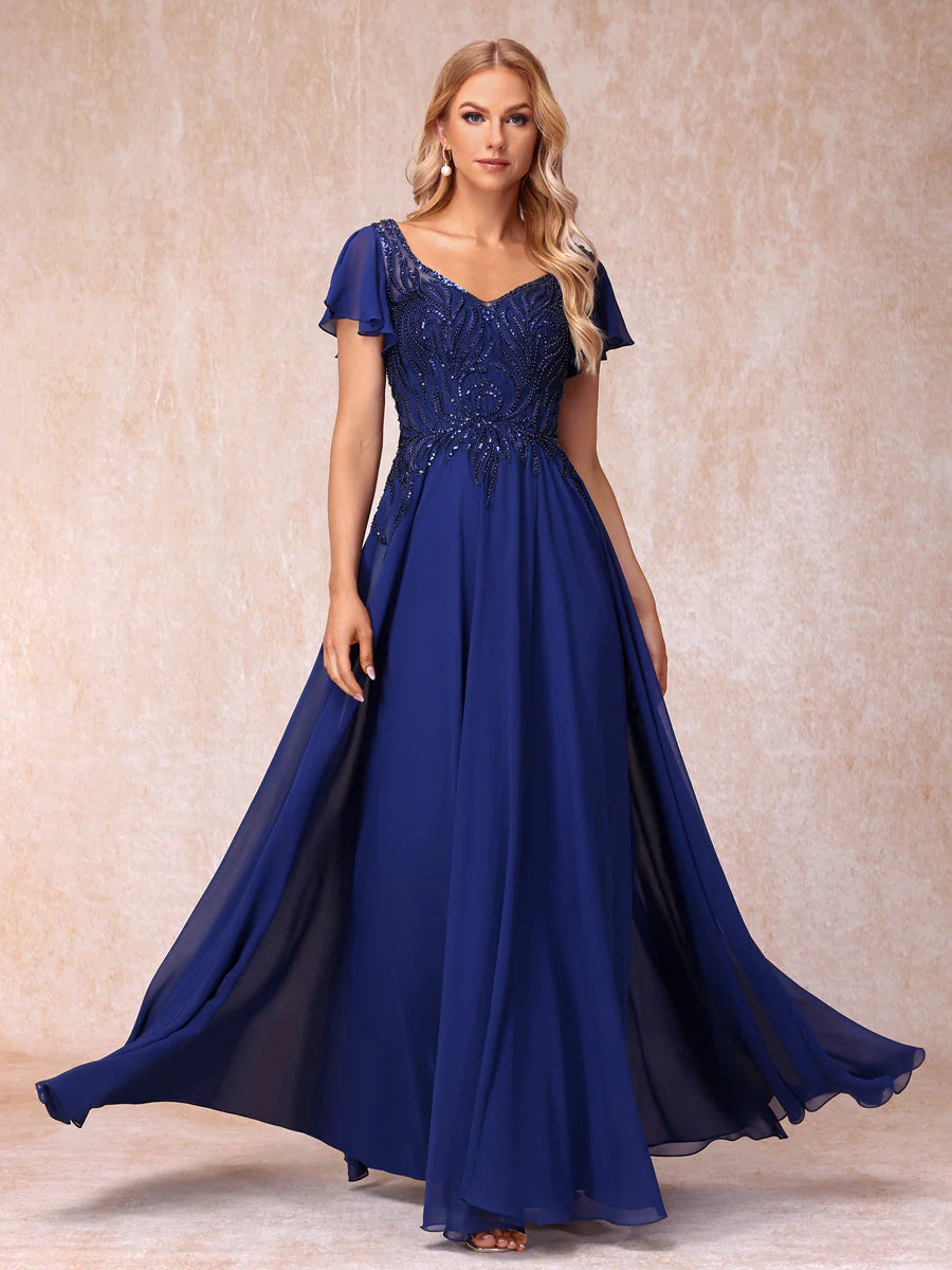 A-Line/Princess V-Neck Short Sleeves Long Formal Evening Dresses With Beading