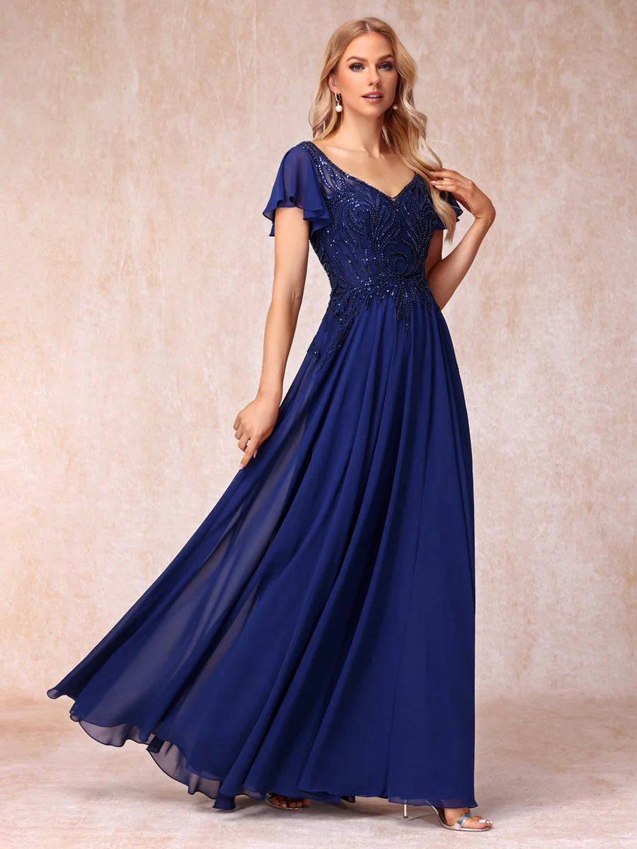 A-Line/Princess V-Neck Short Sleeves Long Formal Evening Dresses With Beading