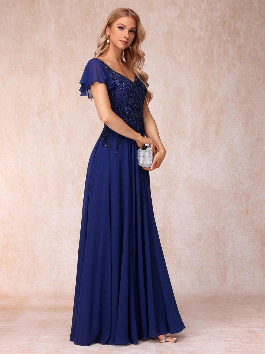 A-Line/Princess V-Neck Short Sleeves Long Formal Evening Dresses With Beading