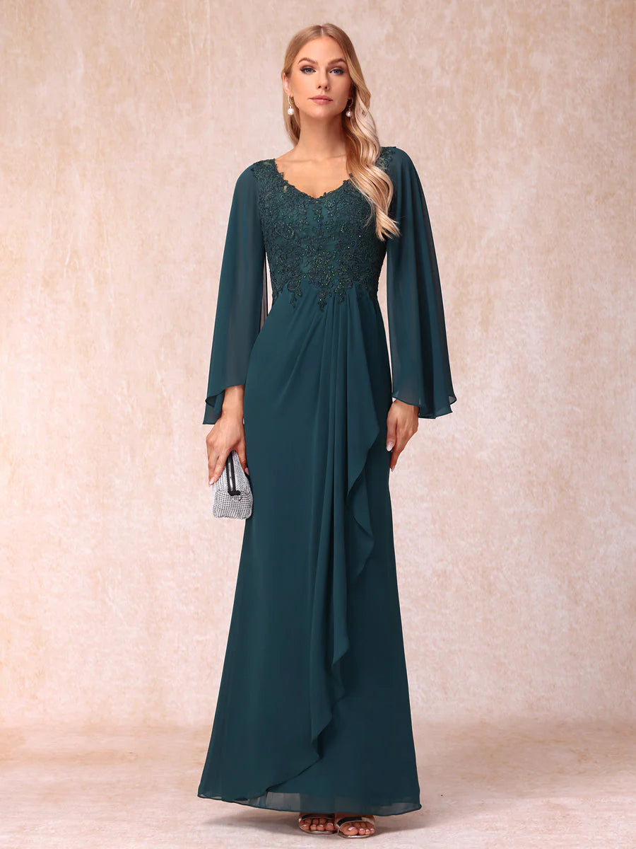 Sheath/Column V-Neck Long Sleeves Long Formal Evening Dresses With Sequins