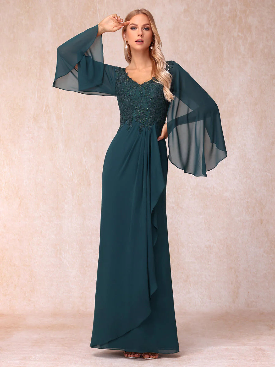 Sheath/Column V-Neck Long Sleeves Long Formal Evening Dresses With Sequins