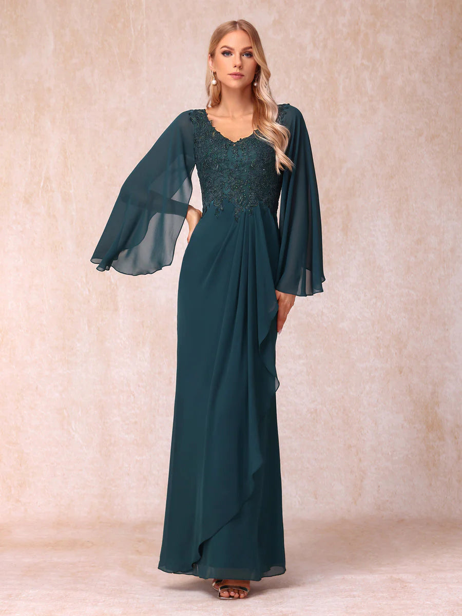 Sheath/Column V-Neck Long Sleeves Long Formal Evening Dresses With Sequins