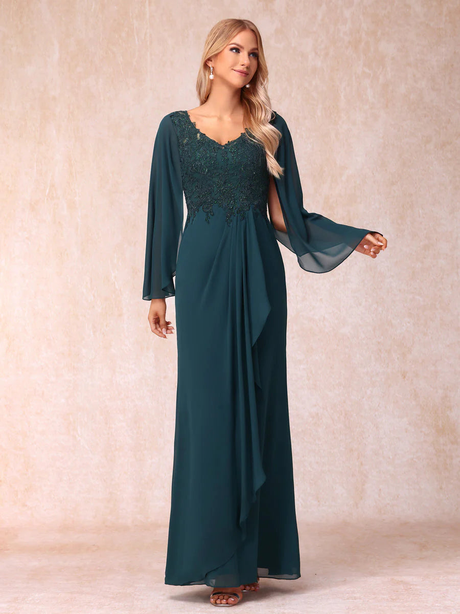 Sheath/Column V-Neck Long Sleeves Long Formal Evening Dresses With Sequins