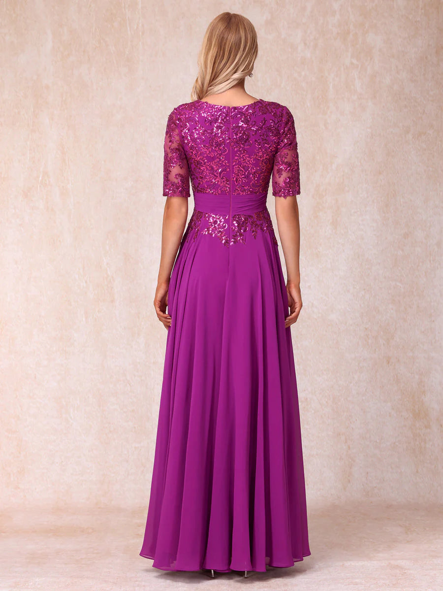 A-Line/Princess V-Neck Half Sleeves Long Formal Evening Dresses With Sequins