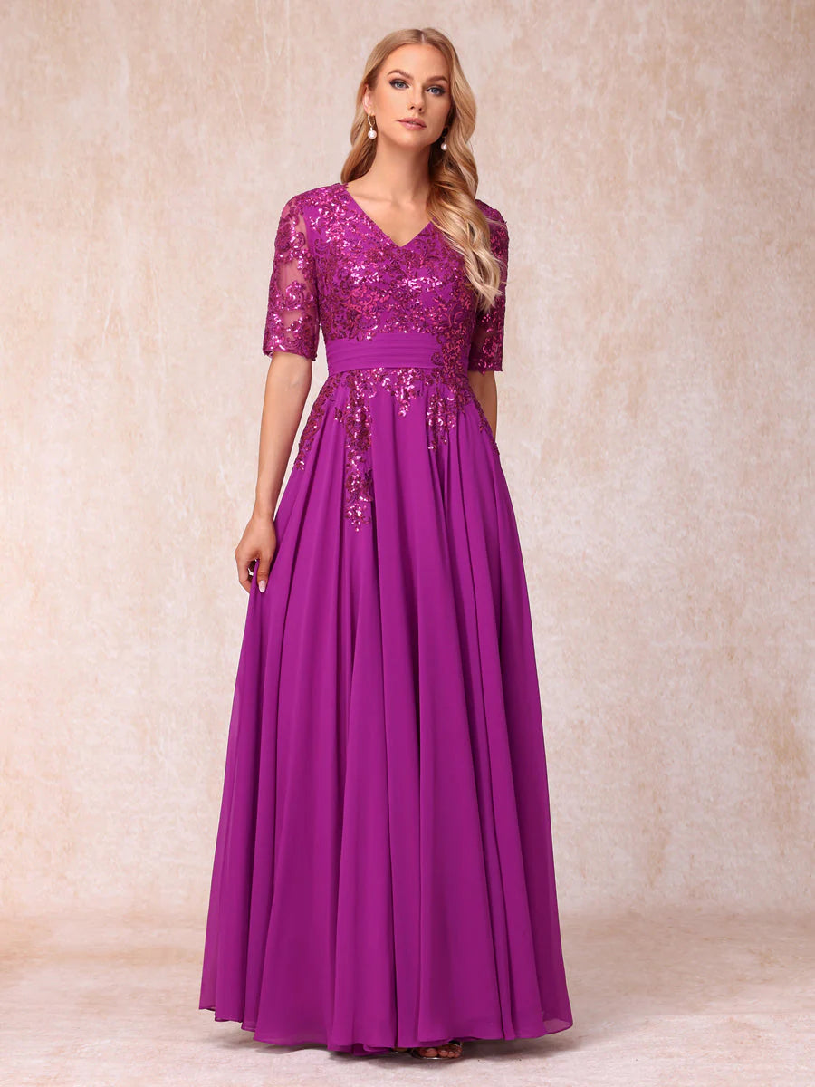 A-Line/Princess V-Neck Half Sleeves Long Formal Evening Dresses With Sequins