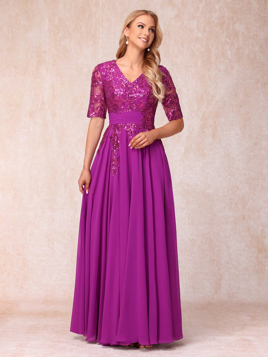 A-Line/Princess V-Neck Half Sleeves Long Formal Evening Dresses With Sequins