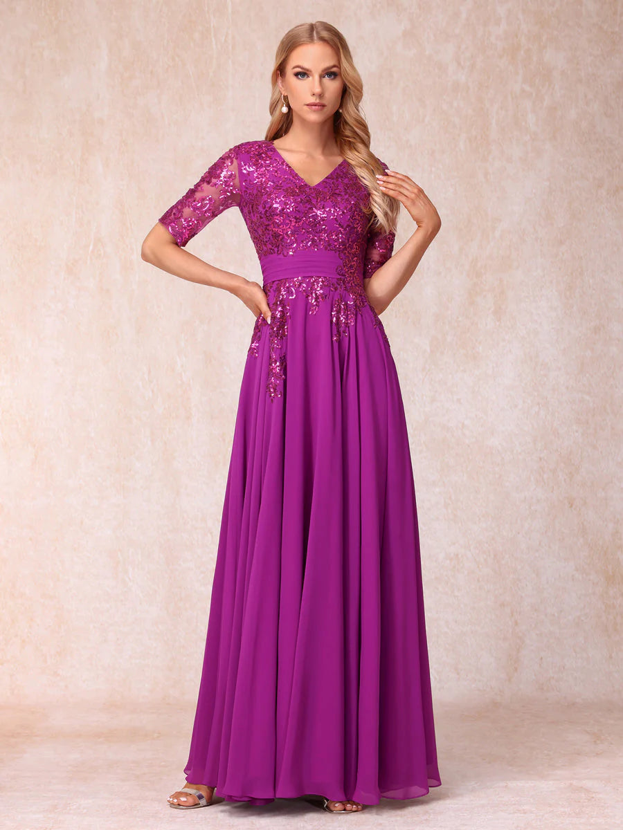 A-Line/Princess V-Neck Half Sleeves Long Formal Evening Dresses With Sequins