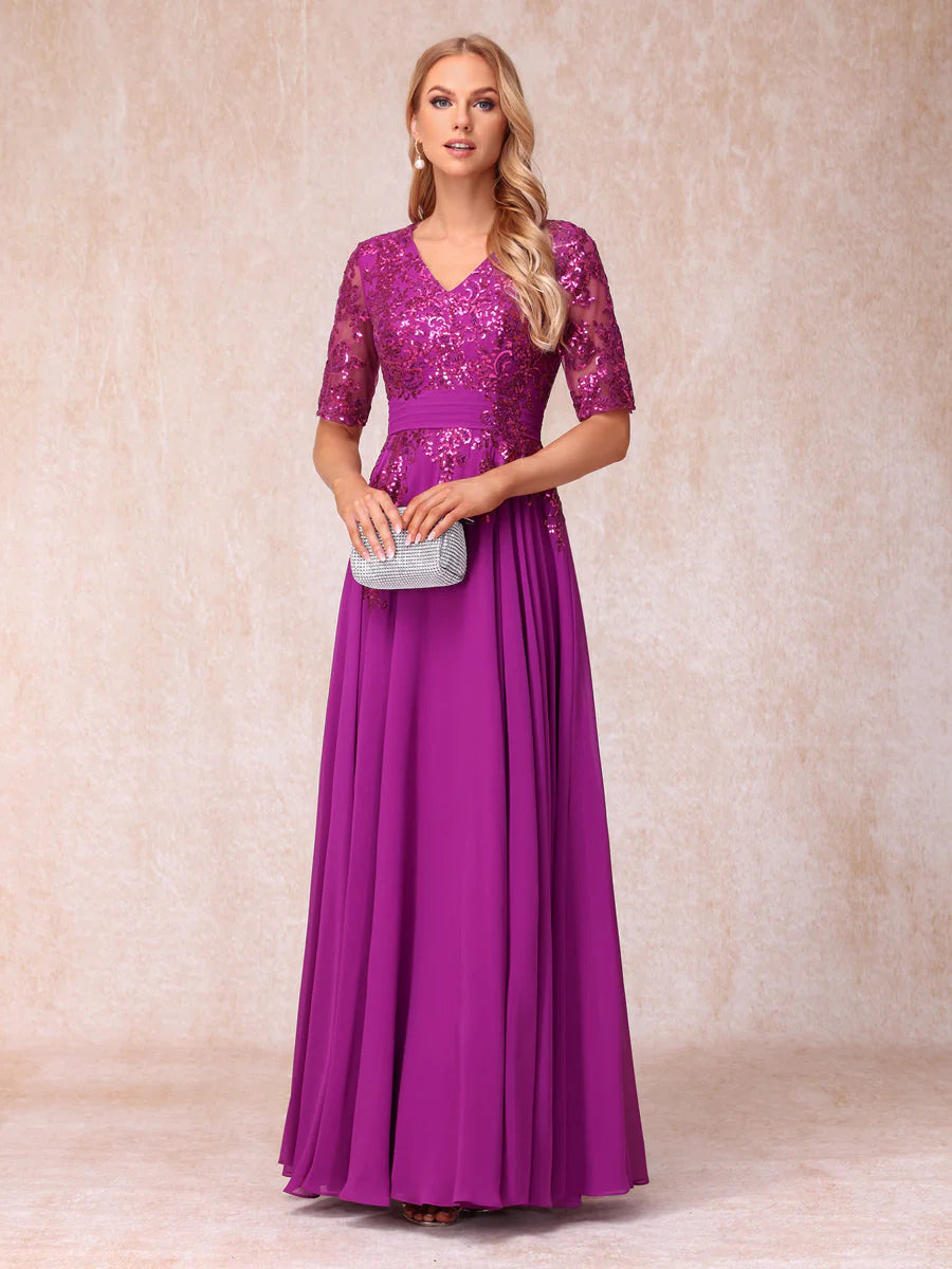 A-Line/Princess V-Neck Half Sleeves Long Formal Evening Dresses With Sequins