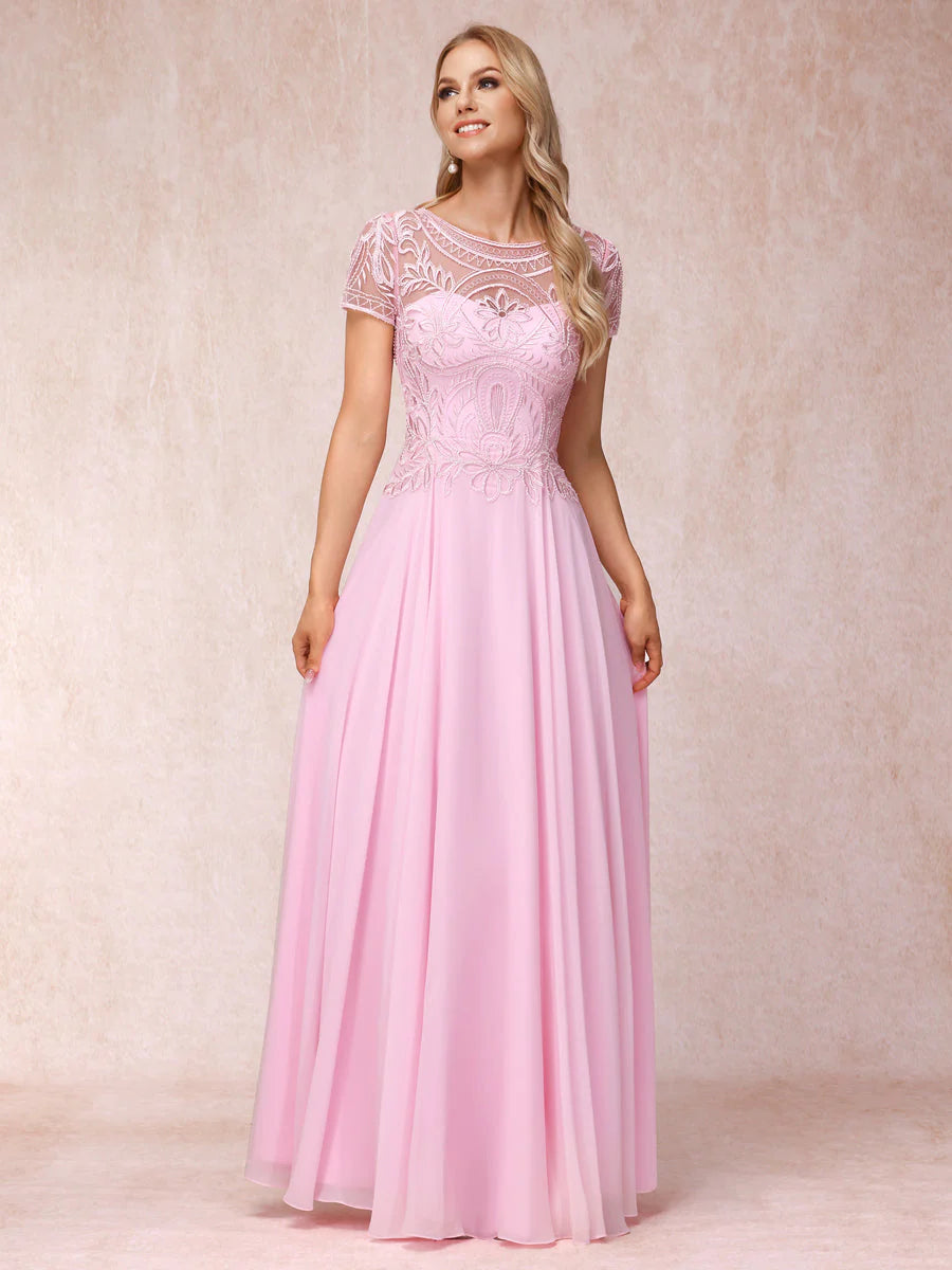 A-Line/Princess Sheer Neck Short Sleeves Long Formal Evening Dresses With Appliques