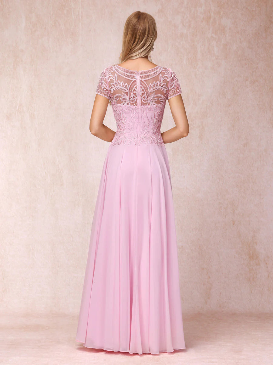 A-Line/Princess Sheer Neck Short Sleeves Long Formal Evening Dresses With Appliques