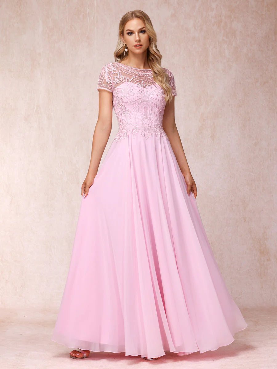A-Line/Princess Sheer Neck Short Sleeves Long Formal Evening Dresses With Appliques