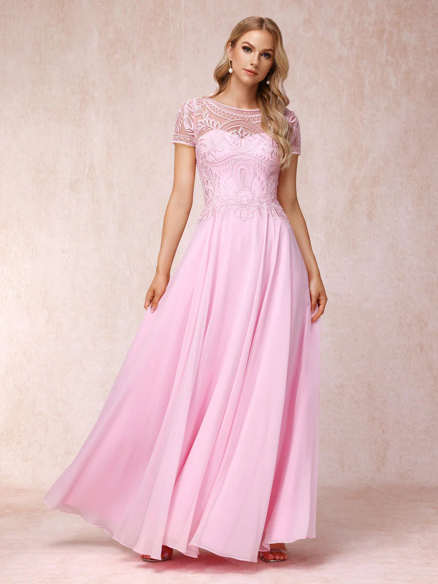 A-Line/Princess Sheer Neck Short Sleeves Long Formal Evening Dresses With Appliques
