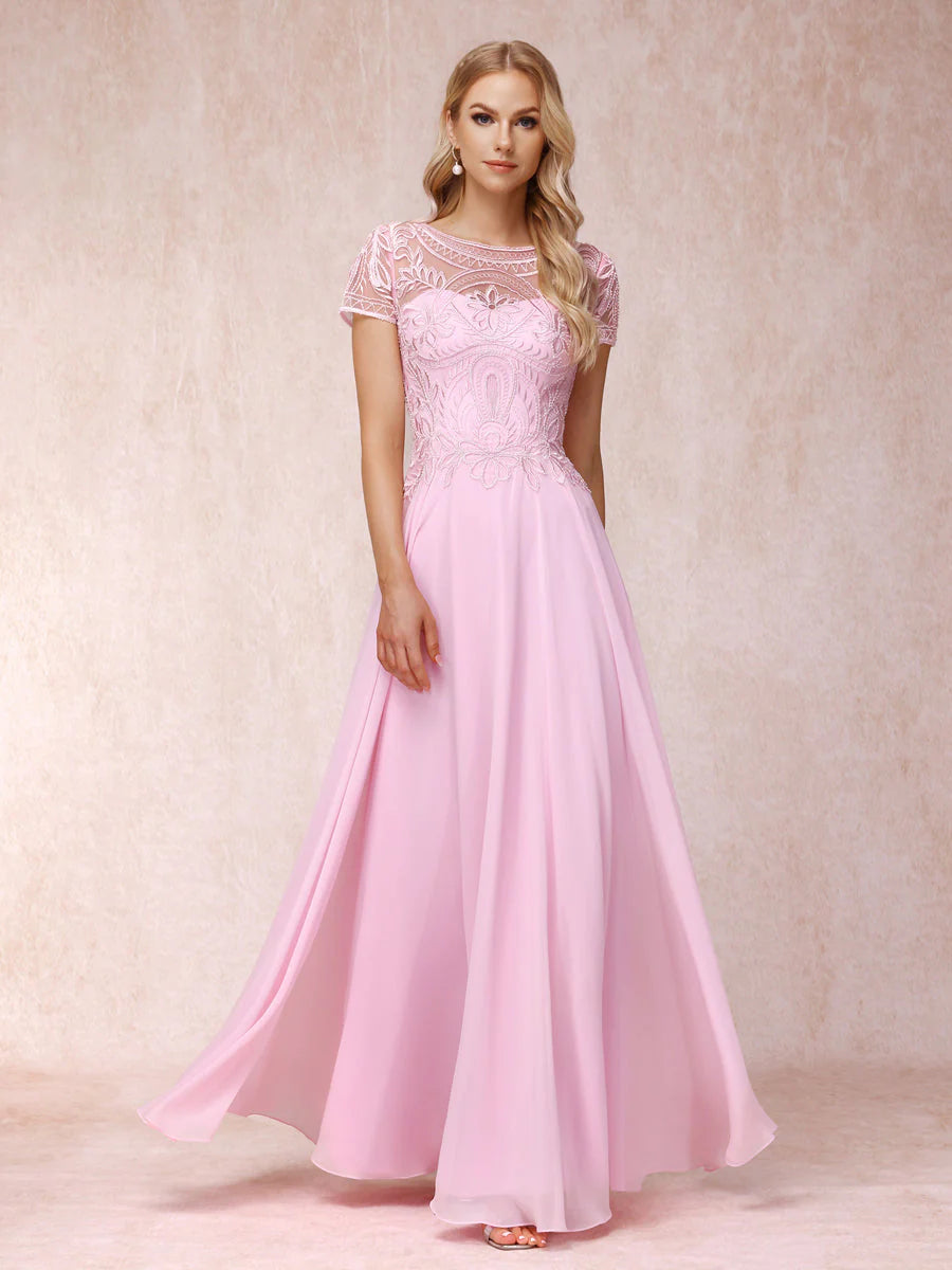 A-Line/Princess Sheer Neck Short Sleeves Long Formal Evening Dresses With Appliques