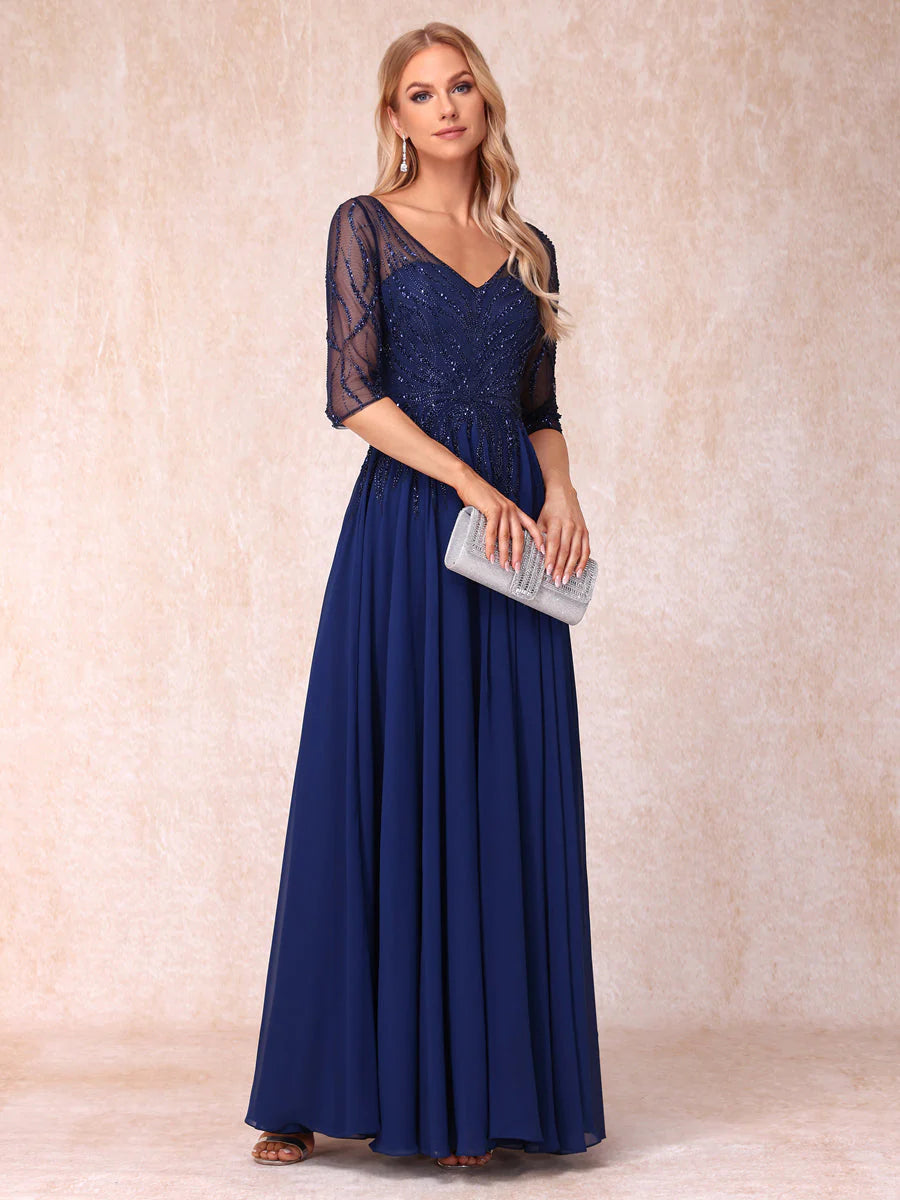 A-Line/Princess V-Neck Half Sleeves Long Formal Evening Dresses With Beading