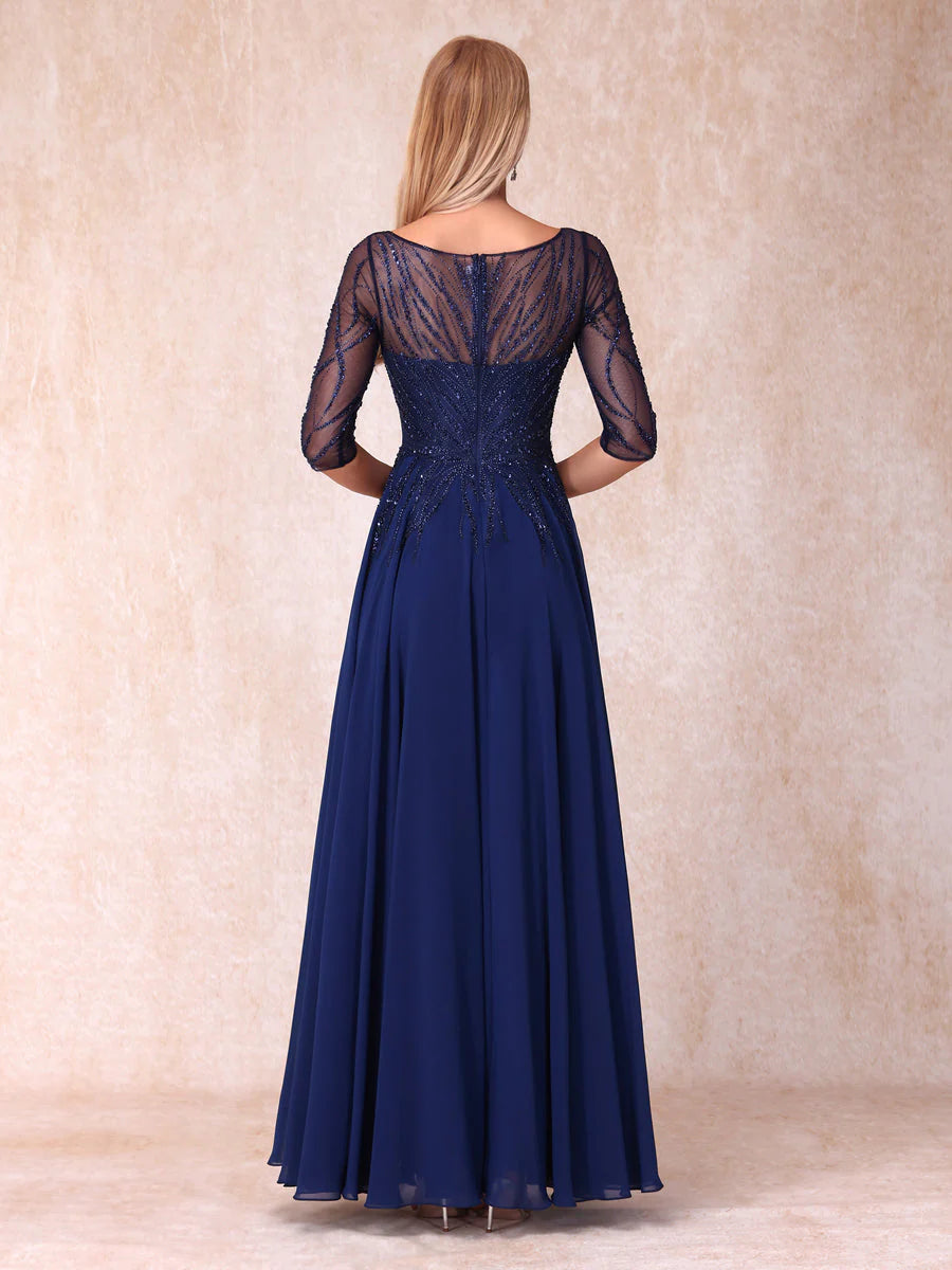 A-Line/Princess V-Neck Half Sleeves Long Formal Evening Dresses With Beading