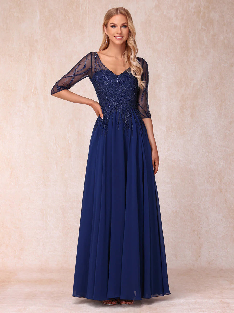 A-Line/Princess V-Neck Half Sleeves Long Formal Evening Dresses With Beading