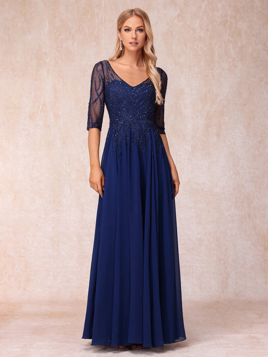 A-Line/Princess V-Neck Half Sleeves Long Formal Evening Dresses With Beading