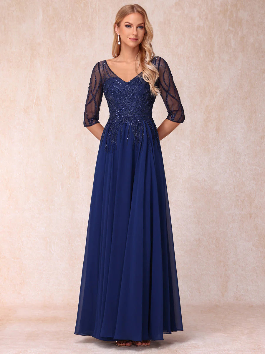 A-Line/Princess V-Neck Half Sleeves Long Formal Evening Dresses With Beading