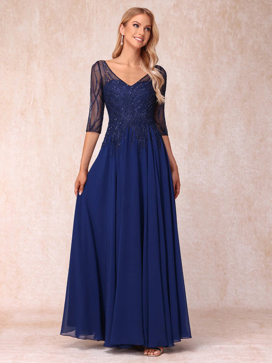 A-Line/Princess V-Neck Half Sleeves Long Formal Evening Dresses With Beading