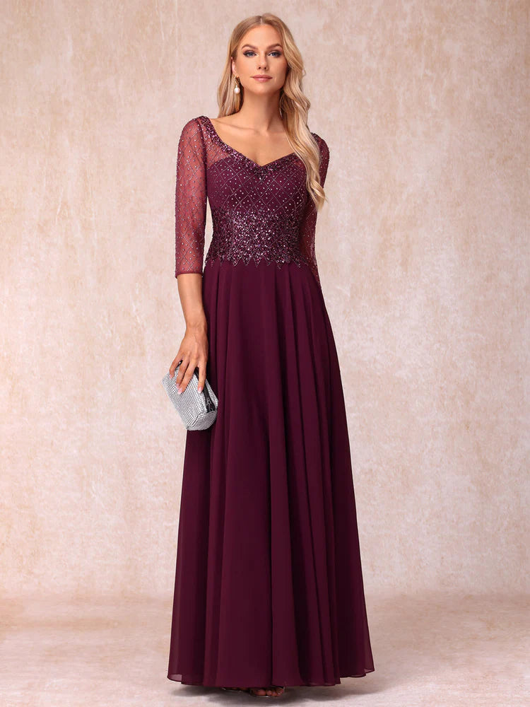 A-Line/Princess V-Neck 3/4 Sleeves Long Formal Evening Dresses With Beading