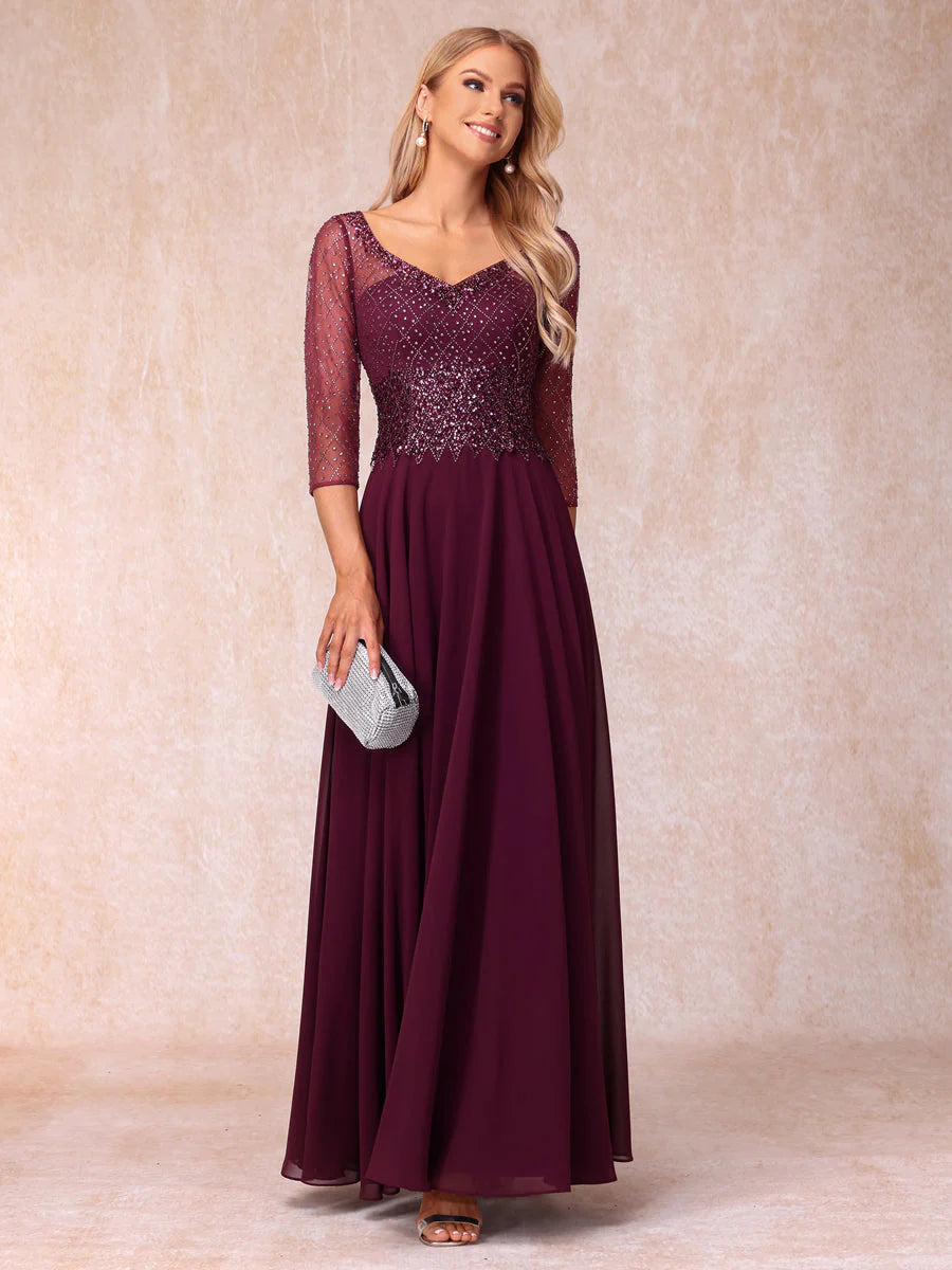 A-Line/Princess V-Neck 3/4 Sleeves Long Formal Evening Dresses With Beading