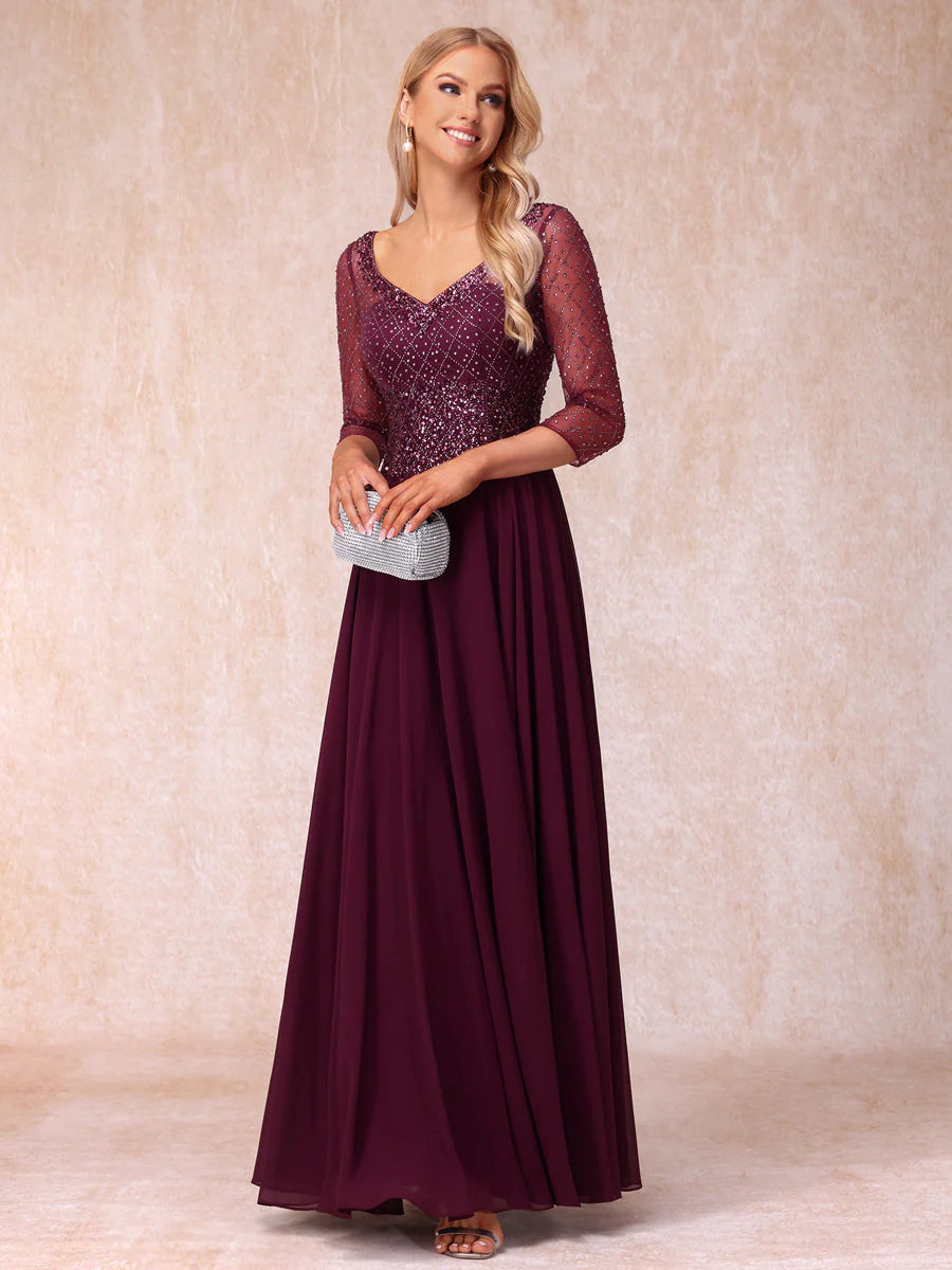A-Line/Princess V-Neck 3/4 Sleeves Long Formal Evening Dresses With Beading
