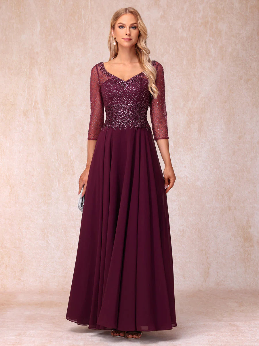 A-Line/Princess V-Neck 3/4 Sleeves Long Formal Evening Dresses With Beading