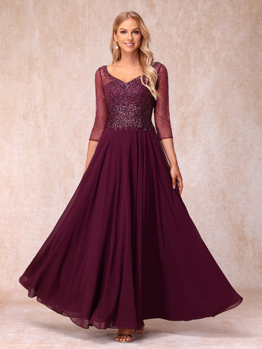 A-Line/Princess V-Neck 3/4 Sleeves Long Formal Evening Dresses With Beading