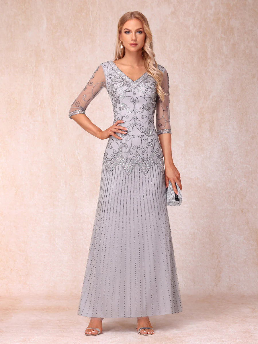 Sheath/Column V-Neck 3/4 Sleeves Long Formal Evening Dresses With Beading