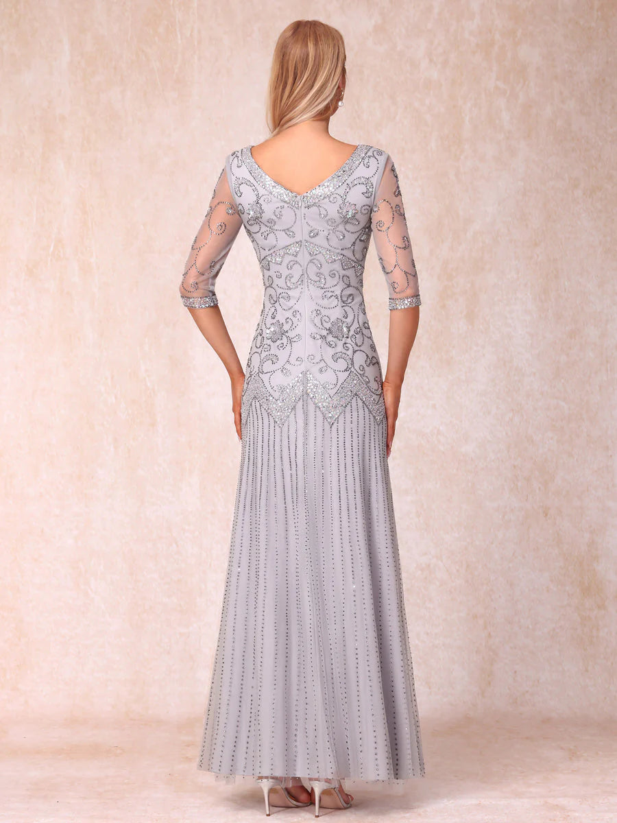 Sheath/Column V-Neck 3/4 Sleeves Long Formal Evening Dresses With Beading