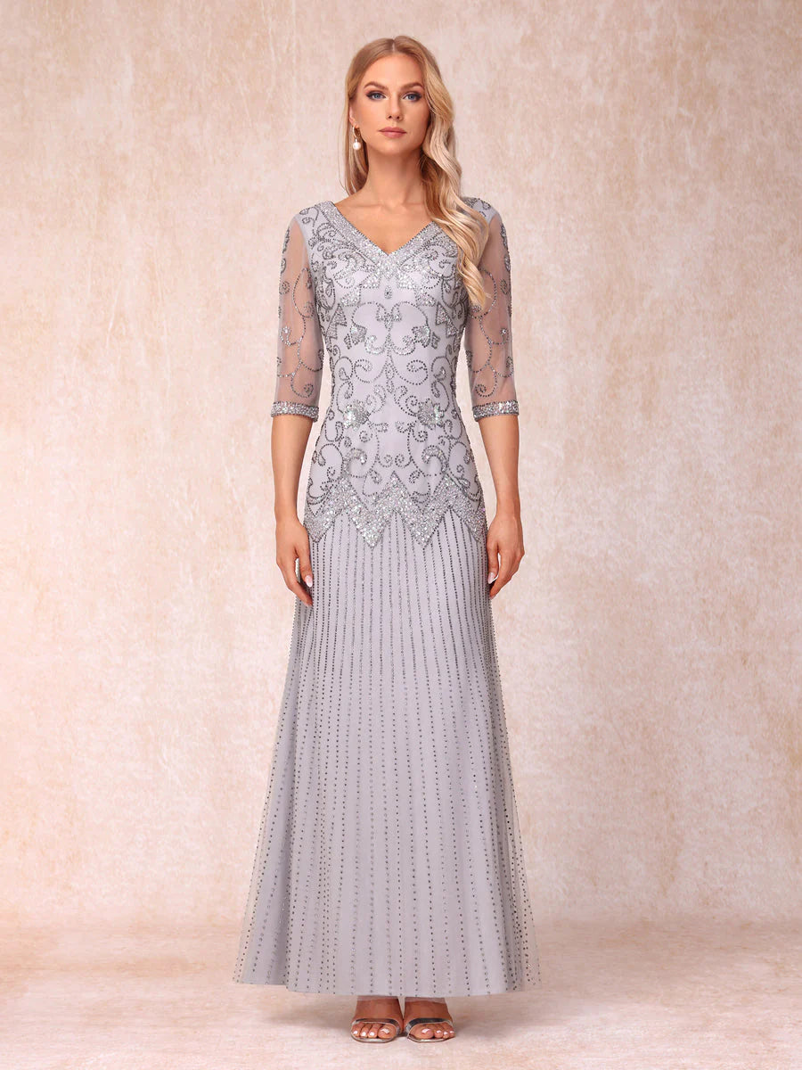 Sheath/Column V-Neck 3/4 Sleeves Long Formal Evening Dresses With Beading
