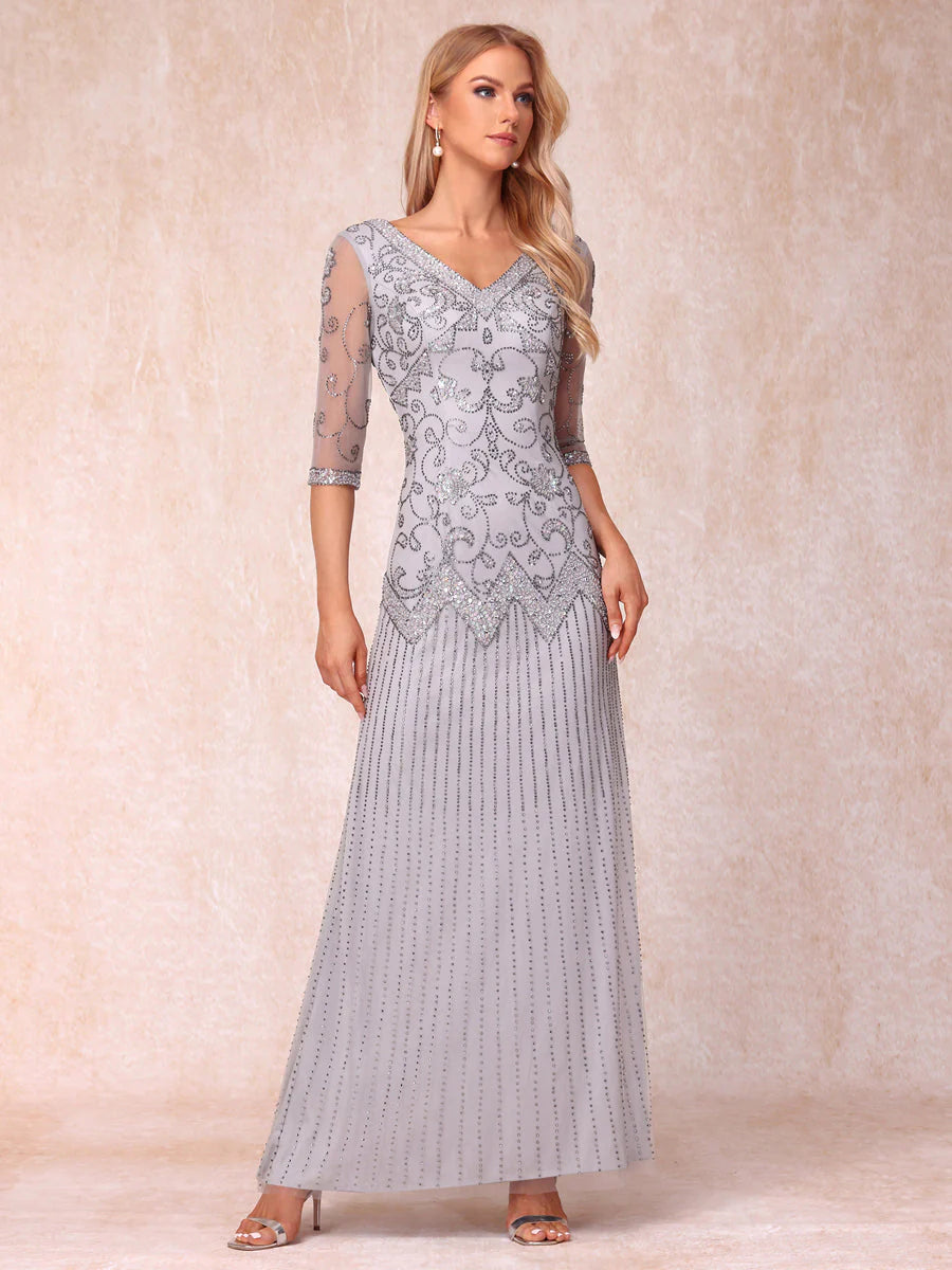 Sheath/Column V-Neck 3/4 Sleeves Long Formal Evening Dresses With Beading